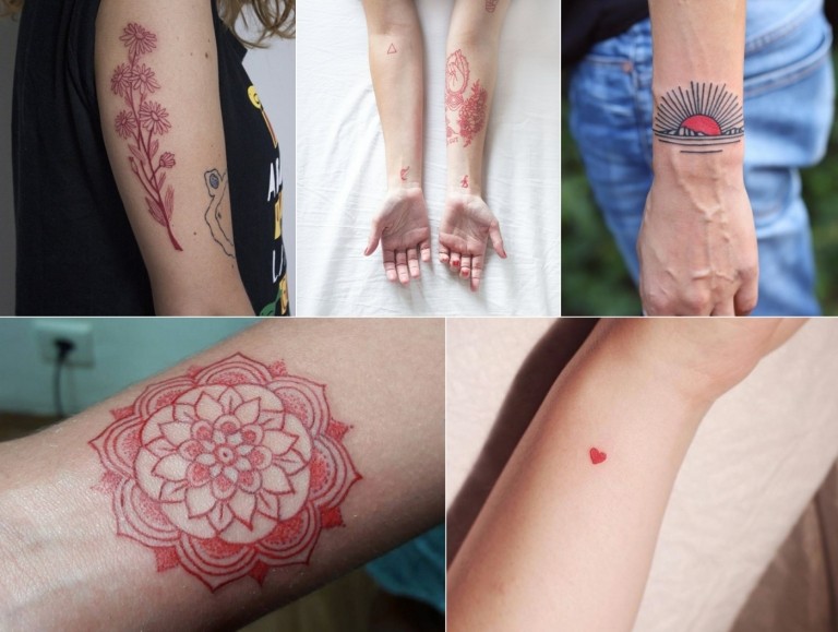 Rote Tattoos für die Arme mit Mandala, Blumen, Herz und Sonnenuntergang