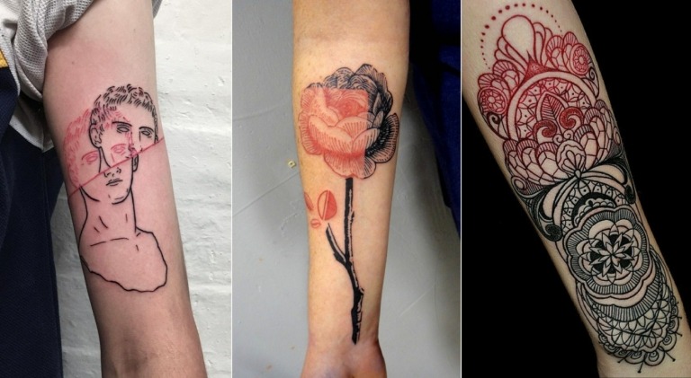Rote Tattoos mit Schwarz kombinieren für Mandalas, Portraits und Blumen