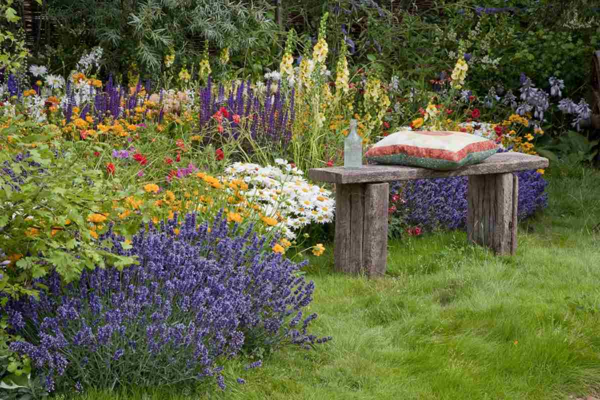 Rustikale Sitzbank vor einem bunten Blumenbeet und ungemähtem Rasen