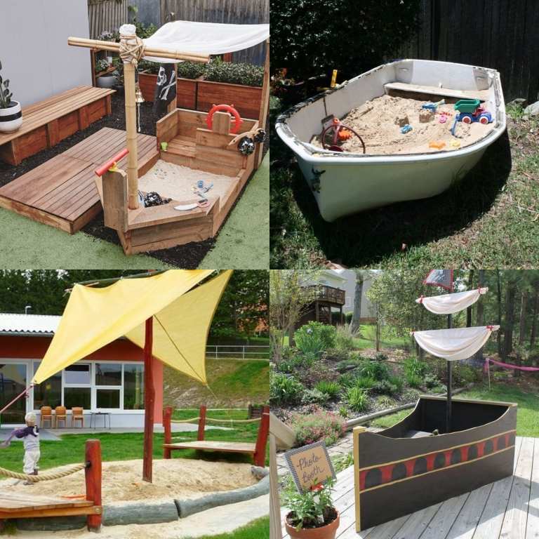 Sandkasten Piratenschiff Garten Spielplatz selber bauen einfach Anleitung altes Boot