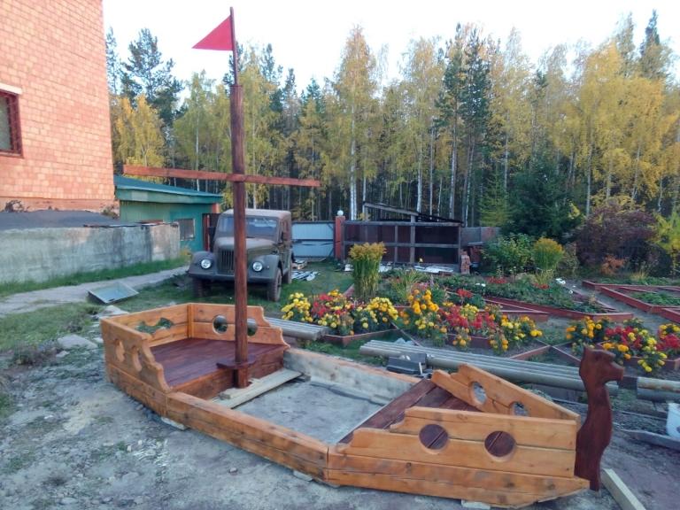 Sandkasten Piratenschiff selber bauen Anleitung Holzschiff Kinderspielplatz Garten gestalten