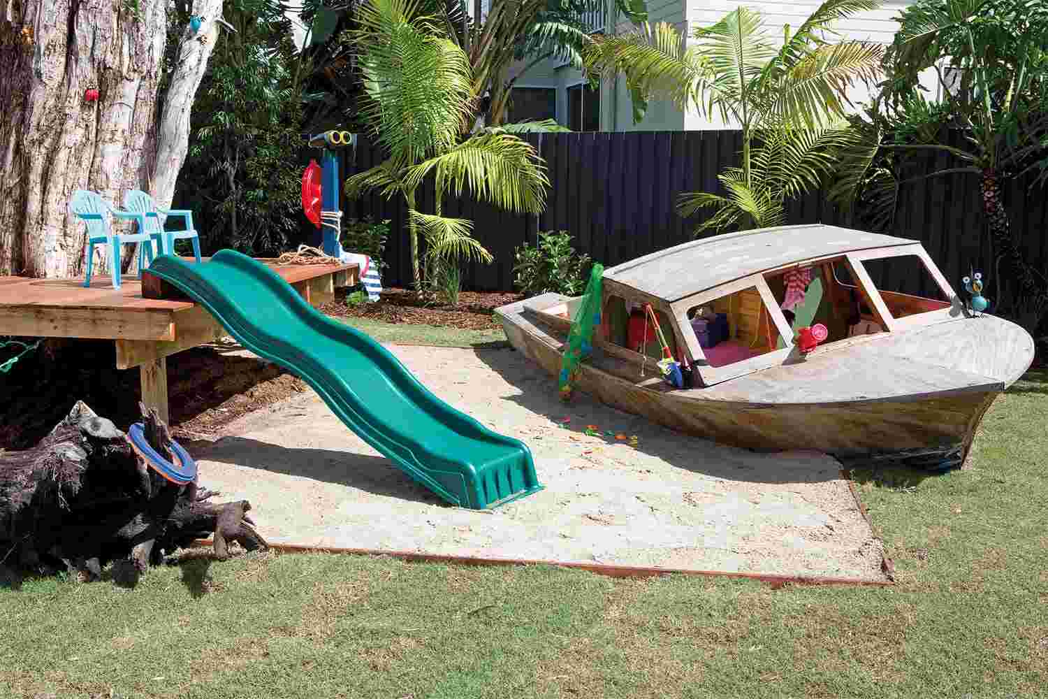 Sandkasten Piratenschiff selber bauen Bauplan Kinder Spielplatz Garten