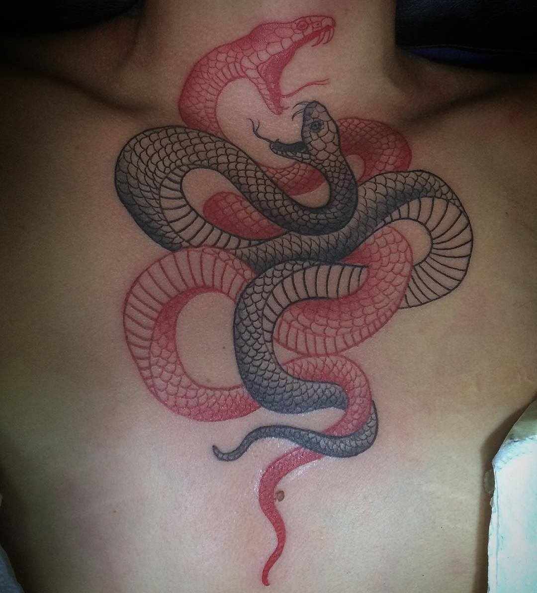 Schlangen in Rot und Schwarz auf einer Männer Brust
