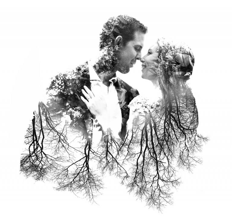 Spiegelung imitieren mit Bräutigam und Braut und kahlen Bäumen