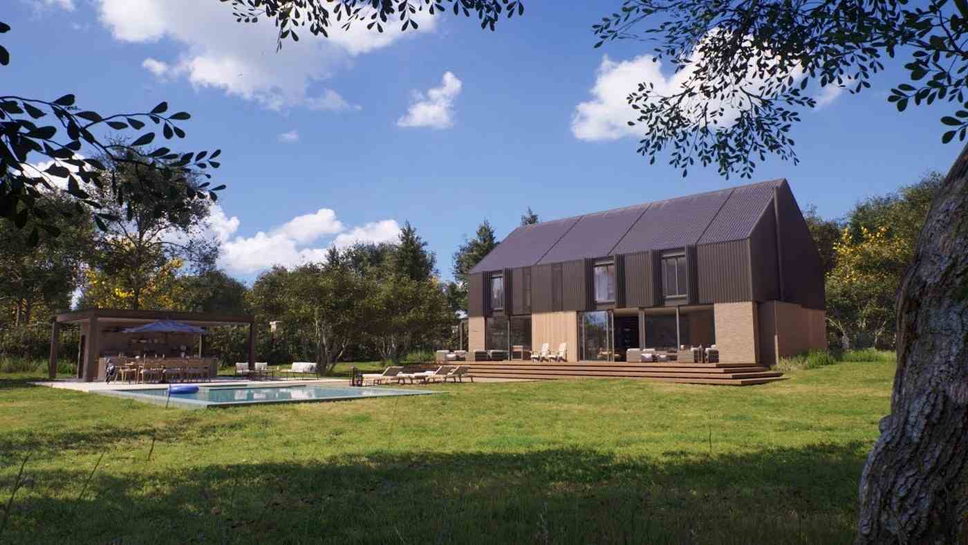 modernes Haus im Barn-Style mit Satteldach Swimming Pool Terrasse mit Pergola
