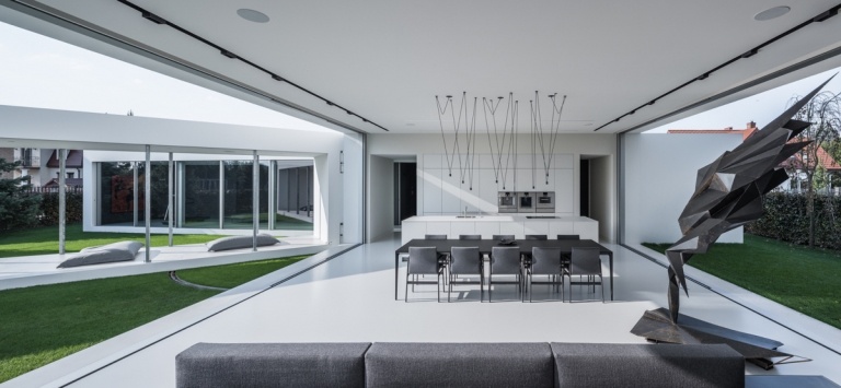 weiß und grau Wohnzimmer gestalten Ideen beleuchtung essplatz