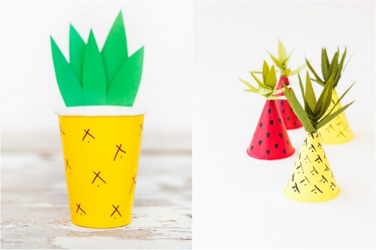 Accessoires für die Poolparty zum Kindergeburtstag in Form von Früchte - Becher und Partyhüte als Ananas oder Erdbeere