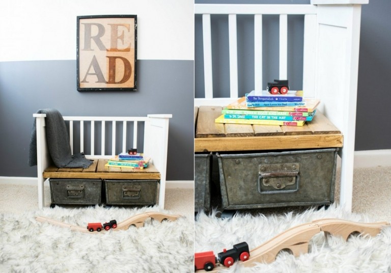 Babybett umbauen in eine Sitzbank mit Stauraum für Spielzeug für das Kinderzimmer
