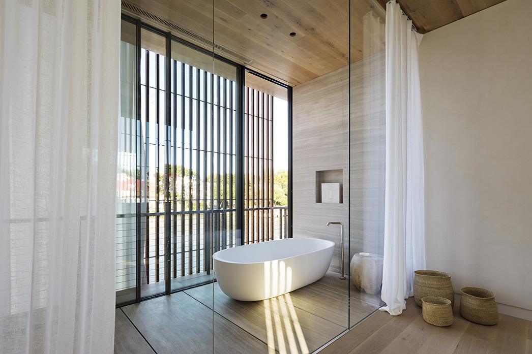 Bathroom glass wall bathtub freestanding wood decks 