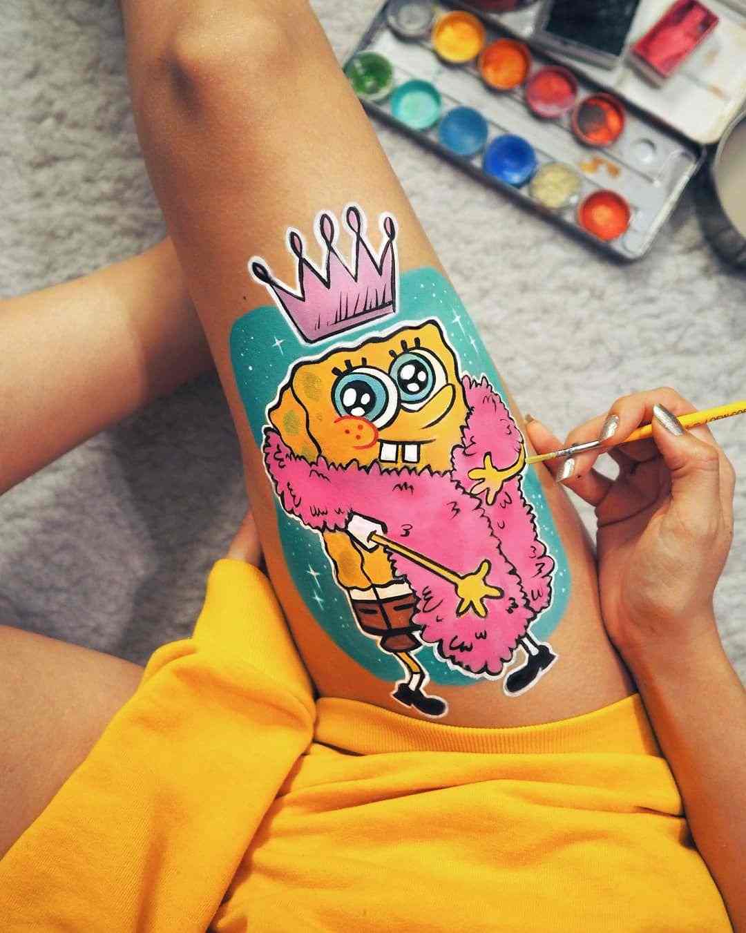 Body Art Bein Oberschenkel Tattoo Trends Spongebob Tattoodesign Frauen