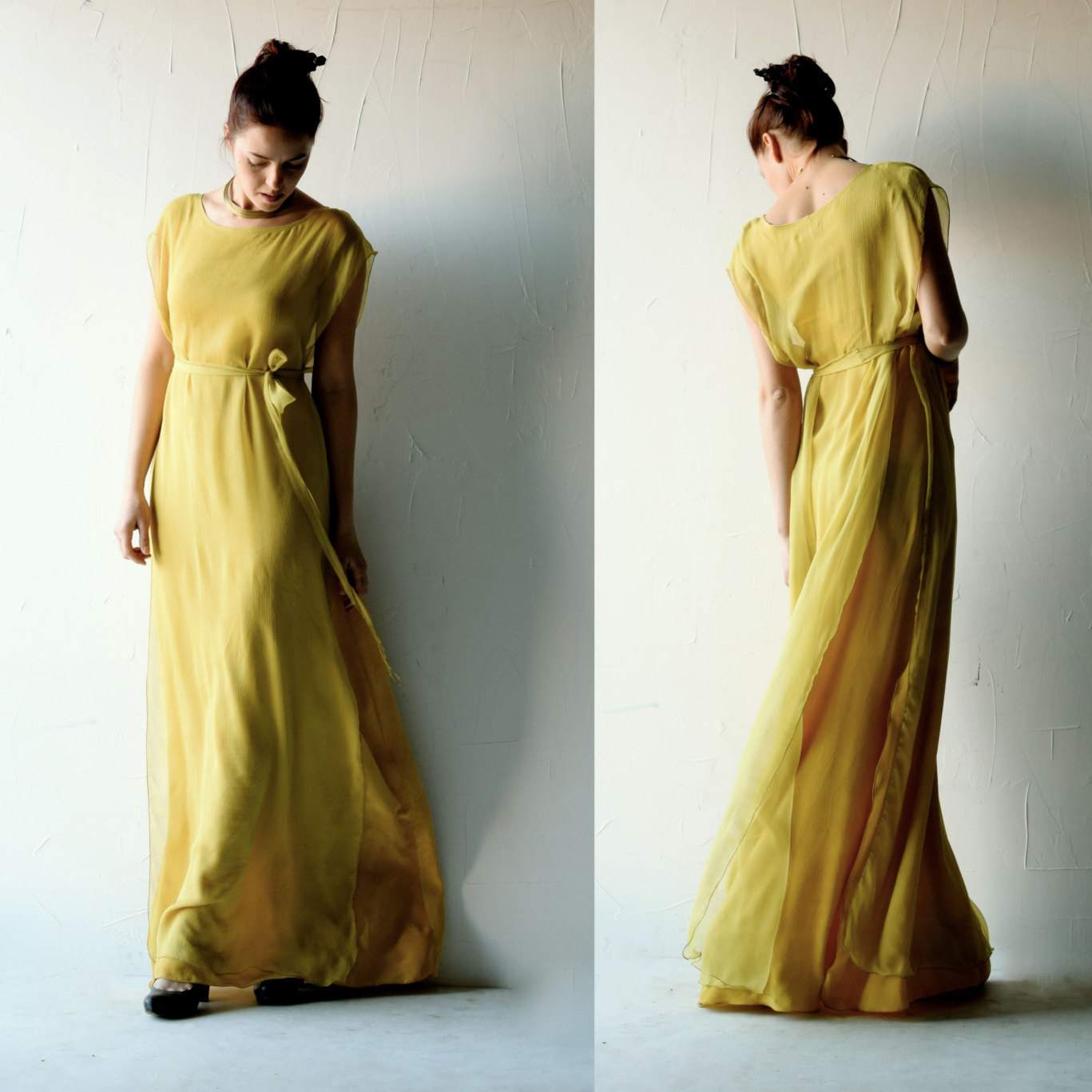 Boho-Stil mit luftigen und lockeren Stoffen für das Hochzeitskleid in Gelb