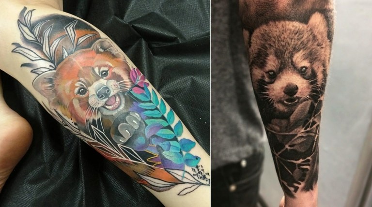 Buntes Bein Tattoo und schwarzes Armsleeve mit rotem Pandabär