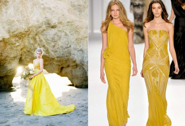 Gatsby Hochzeitskleid in Gelb und schlichtes Modell auf den Laufsteg