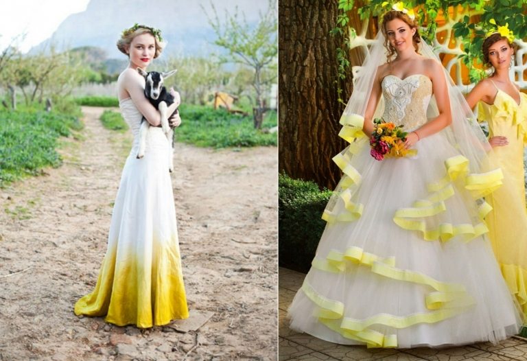 Gelb als Akzent im weißen Brautkleid für Ombre-Effekt oder für den Saumen