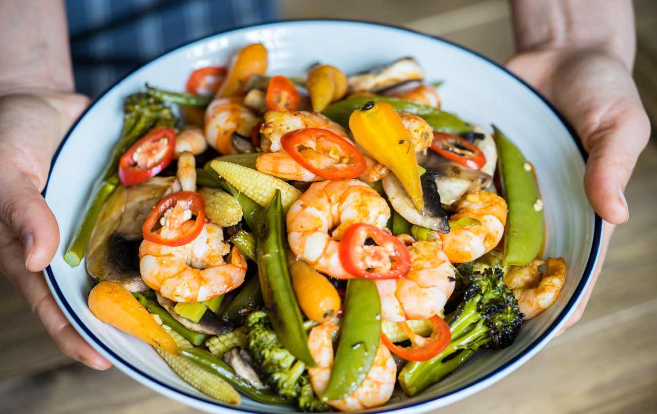 Geröstetes Gemüse Shrimps Rezepte einfach schnelle Sommergerichte zum Abendessen vegetarisch