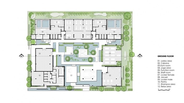 Grundriss des Erdgeschosses mit Innenhof und verschiedenen Räumen
