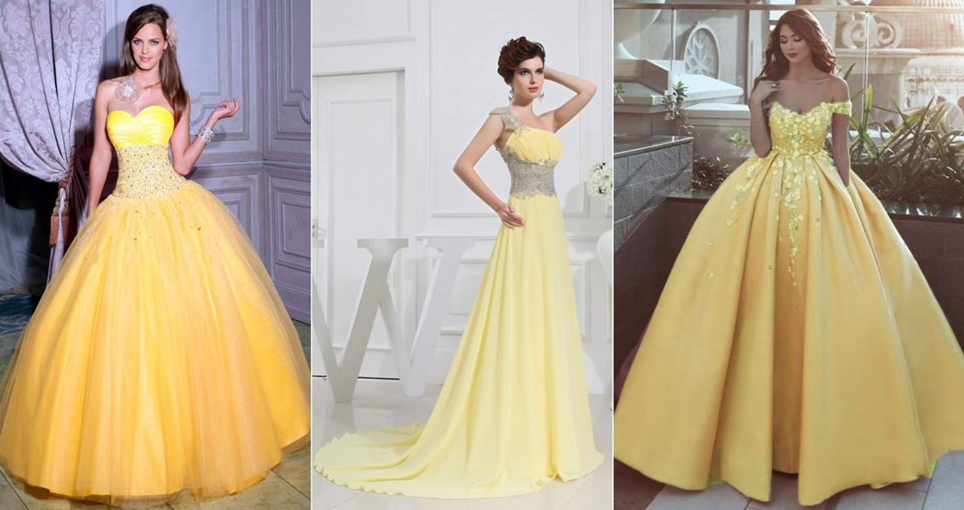 Hellgelbe Hochzeitskleider im Prinzessinnen-Look oder mit A-Linie und Stickereien als Verzierung