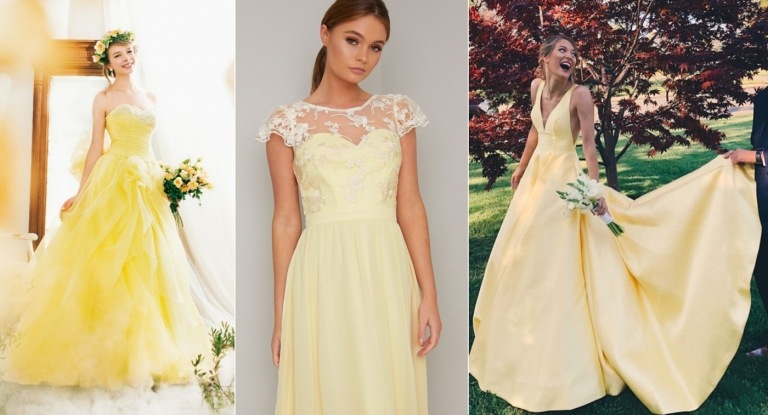 Hochzeitskleid in Gelb mit A-Linie, Spitze oder schlichten Stoffen ohne Verzierungen
