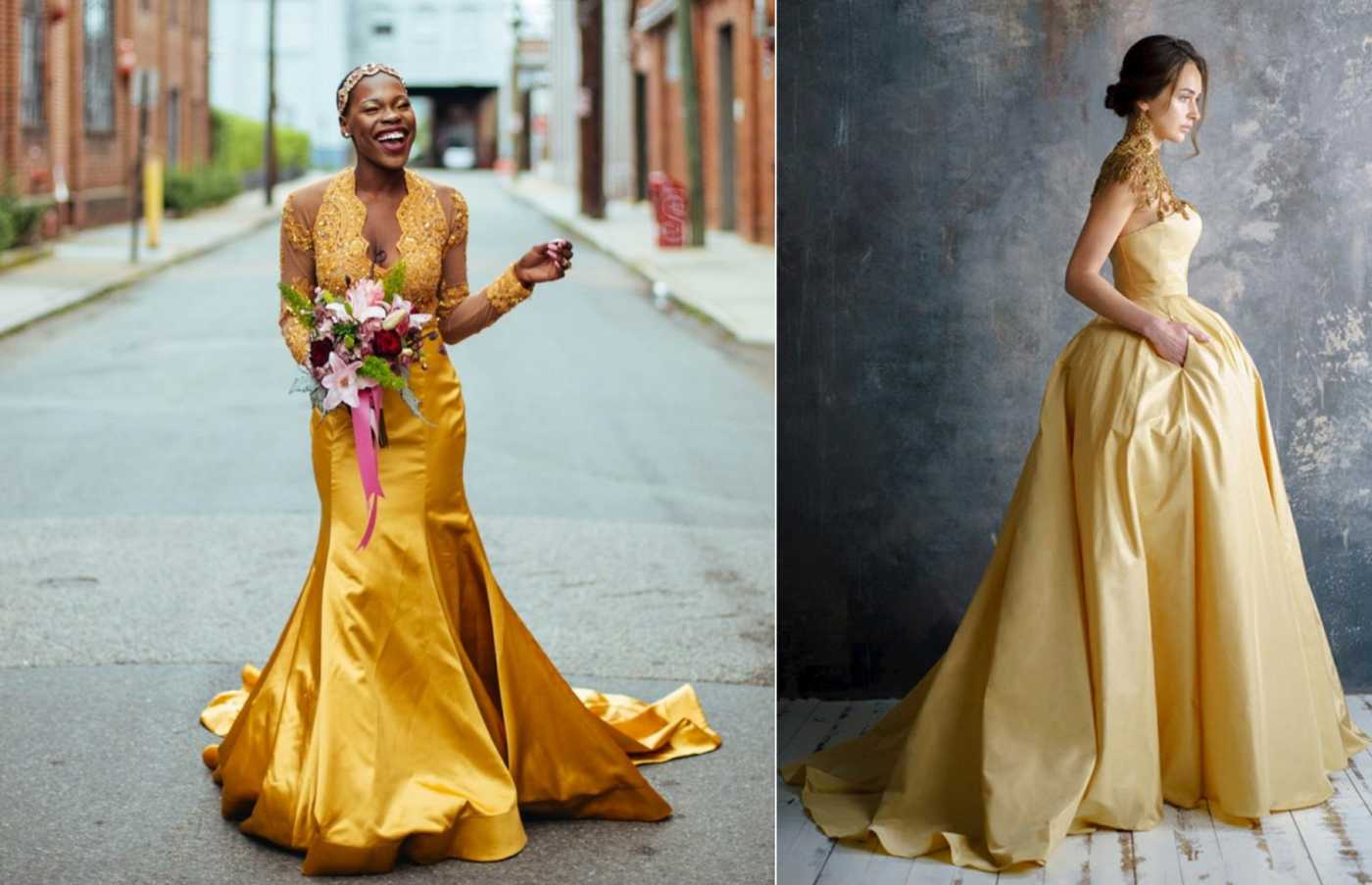 Hochzeitskleid in Gelb mit Goldschimmer für eine elegante Braut