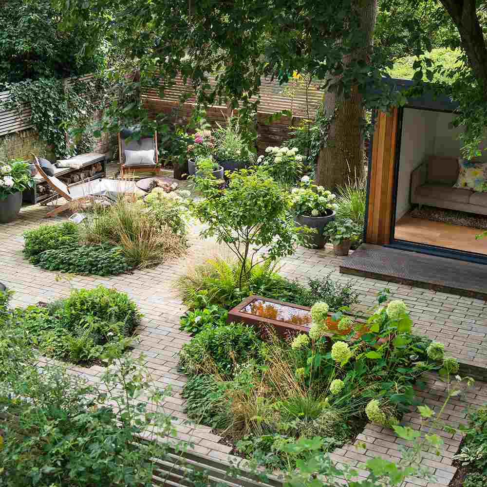 Idee für Blumenbeete mitten in einer gepflasterten Terrasse für einen Garten ohne Rasen