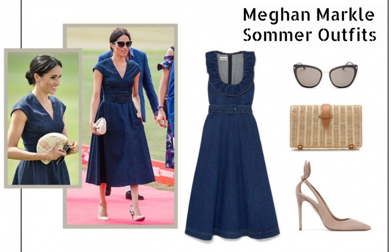 Meghan Markle Sommer Outfit Denim Kleid breit aufgestellter Rock Sonnenbrille Handtasche Bambus Flechtwerk