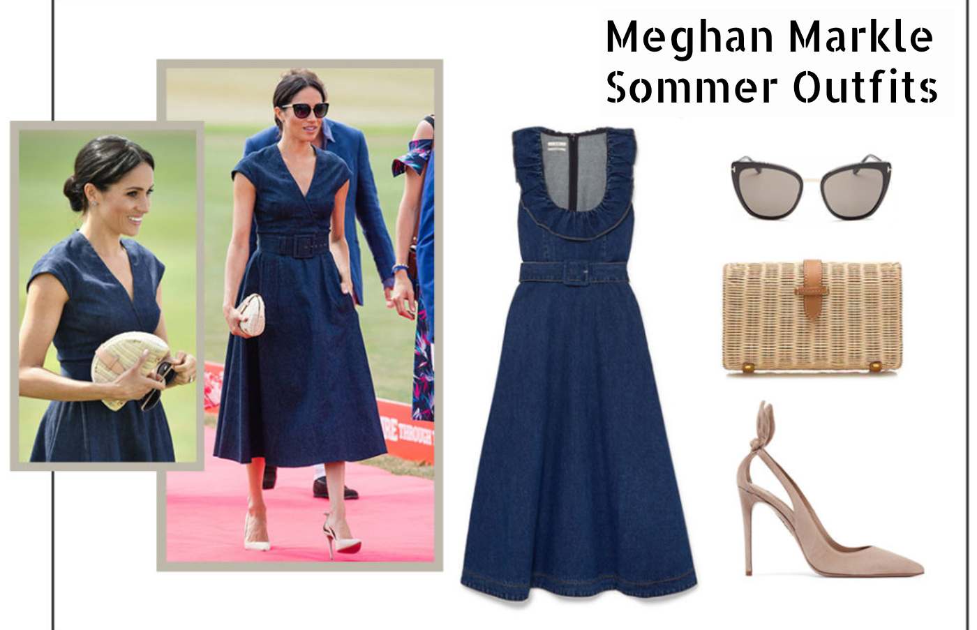 Meghan Markle Summer Outfit Denim Dress Knits aufgestellter Rock Sun Glasses Handbag Bamboo Braid