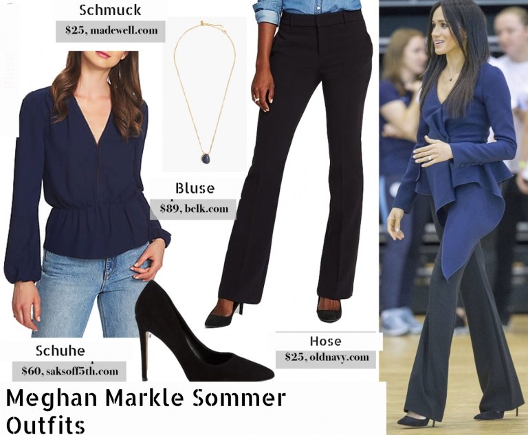Meghan Markle Sommer Outfit Hose blaue Bluse lange Ärmel