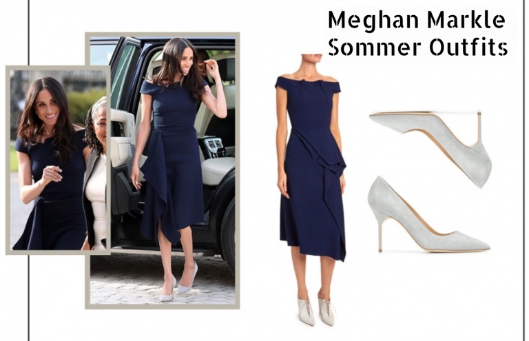 Meghan Markle Sommer Outfit Party Kleid Rüschen knielang freie Schulter