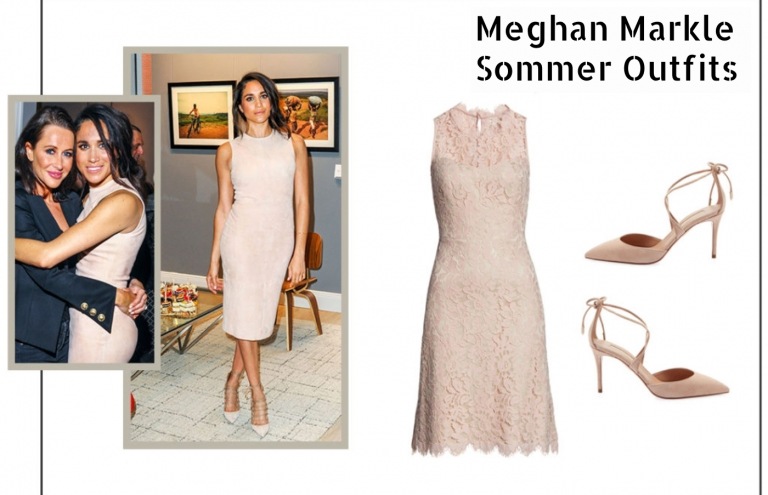 Meghan Markle Sommer Outfit Spitze Kleid schulterfrei knielang blush