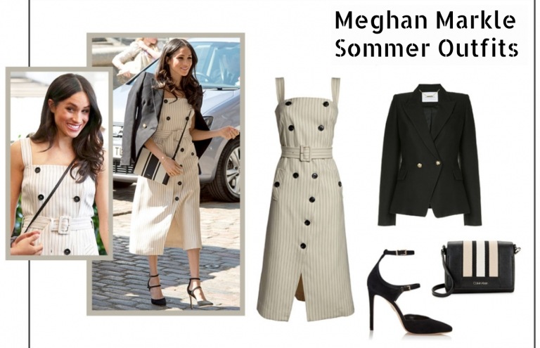 Meghan Markle Sommer Outfit beige Kleid Leinen Blazer gestreifte Handtasche