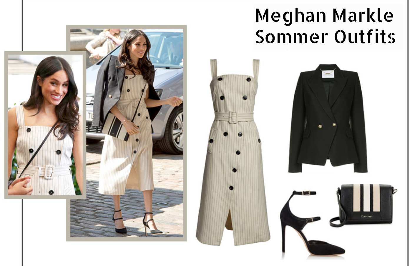 Meghan Markle Summer Outfit Beige Dress Leinen Blazer Striped Handbag