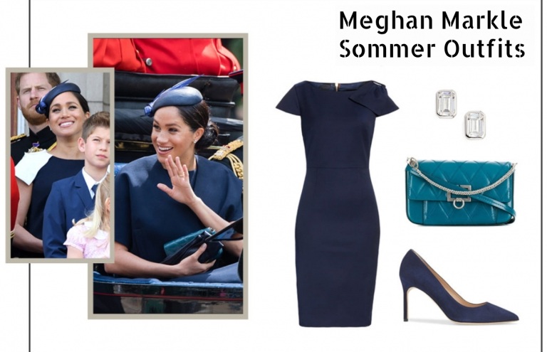 Meghan Markle Sommer Outfit dunkelblau Bleistiftkleid Hochzeit Gast Ideen