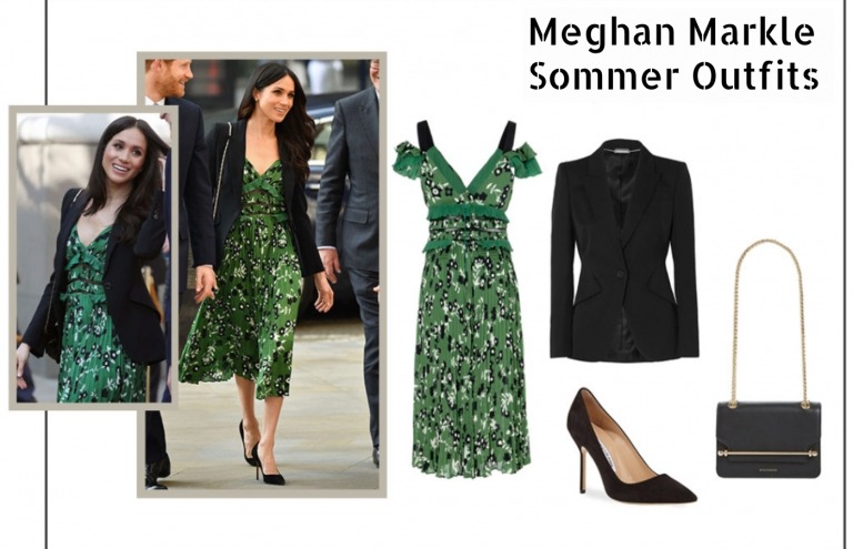 Meghan Markle Sommer Outfit mittellanges Kleid grün Blumenmuster Blazer Rüschen Taille