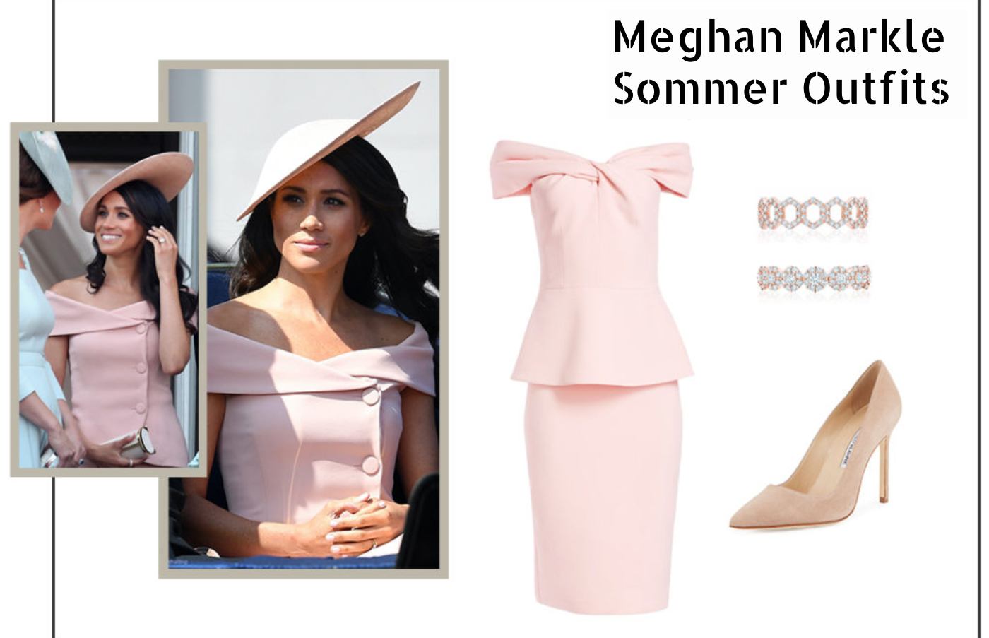 Meghan Markle Summer Outfit pink Bleistiftkleid skulterfrei Rüsche Bund