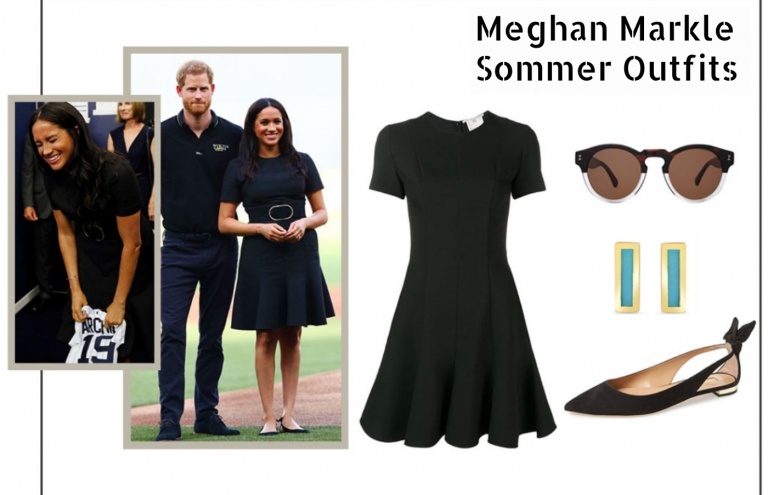 Meghan Markle Sommer Outfit schwarz Kleid kurze Ärmel breit aufgestellter Rock