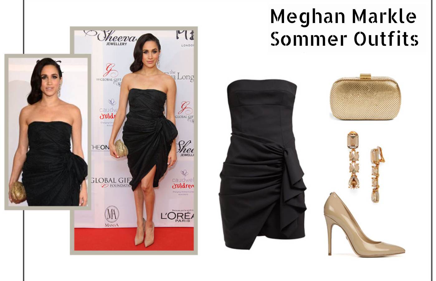 Meghan Markle Summer Outfit Black Mini Dress Rüschen Gold Clutch