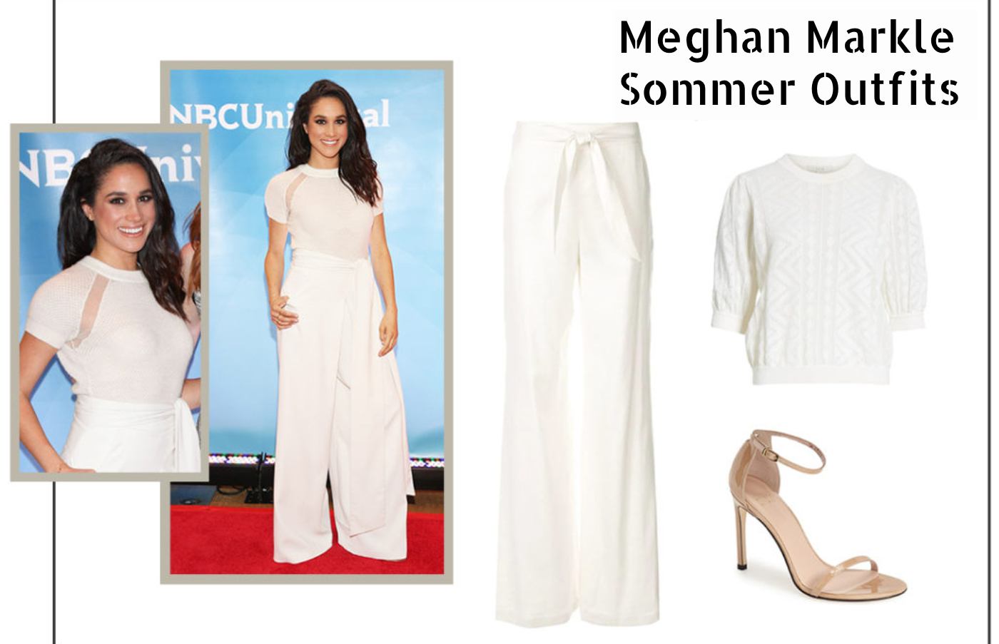 Meghan Markle Summer Outfit Weiß Bluste Knit Hose Hohem Bund Paperbag Waist