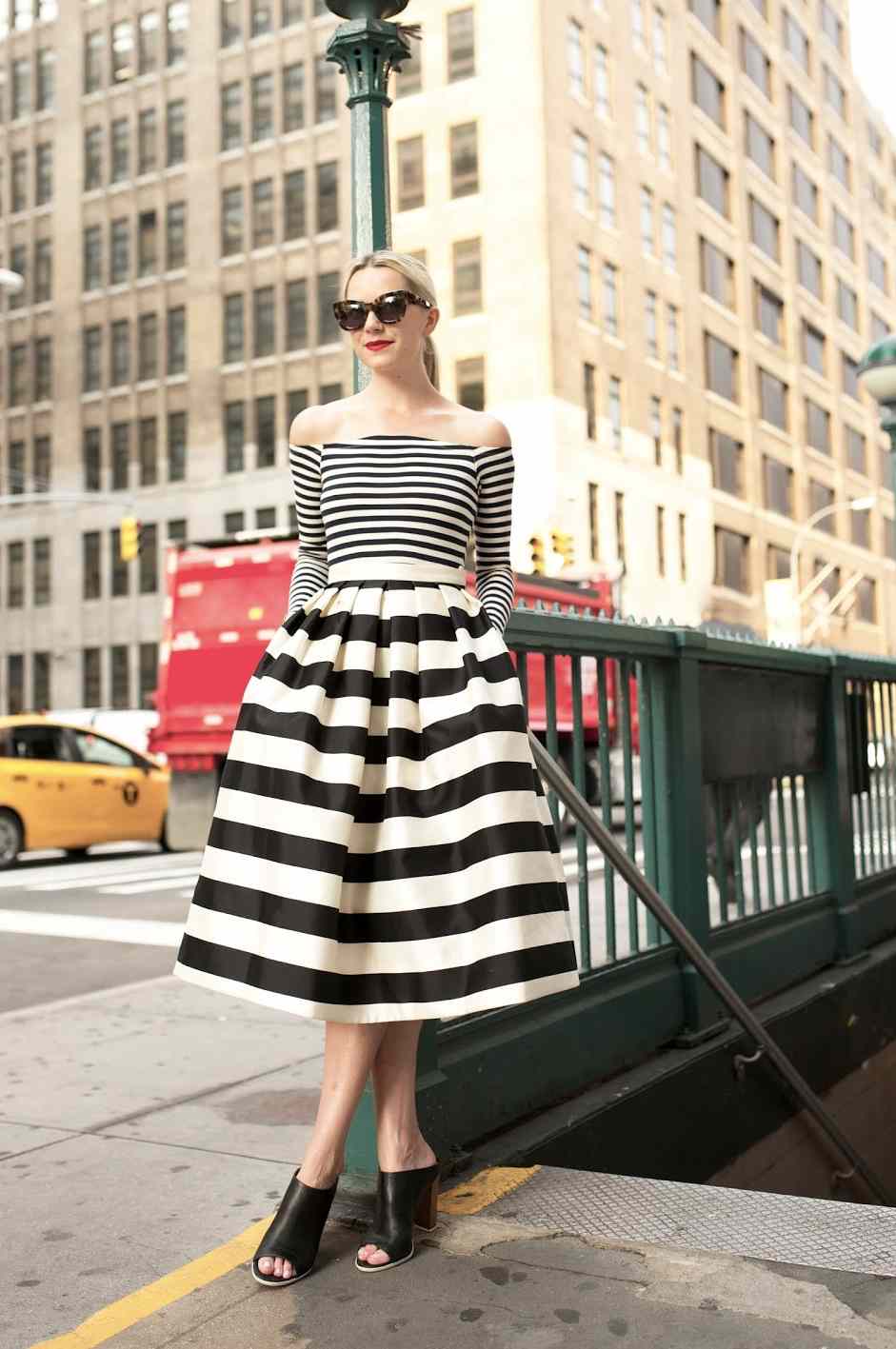 Off shoulder blouse skirt striped horizontal black and white modern