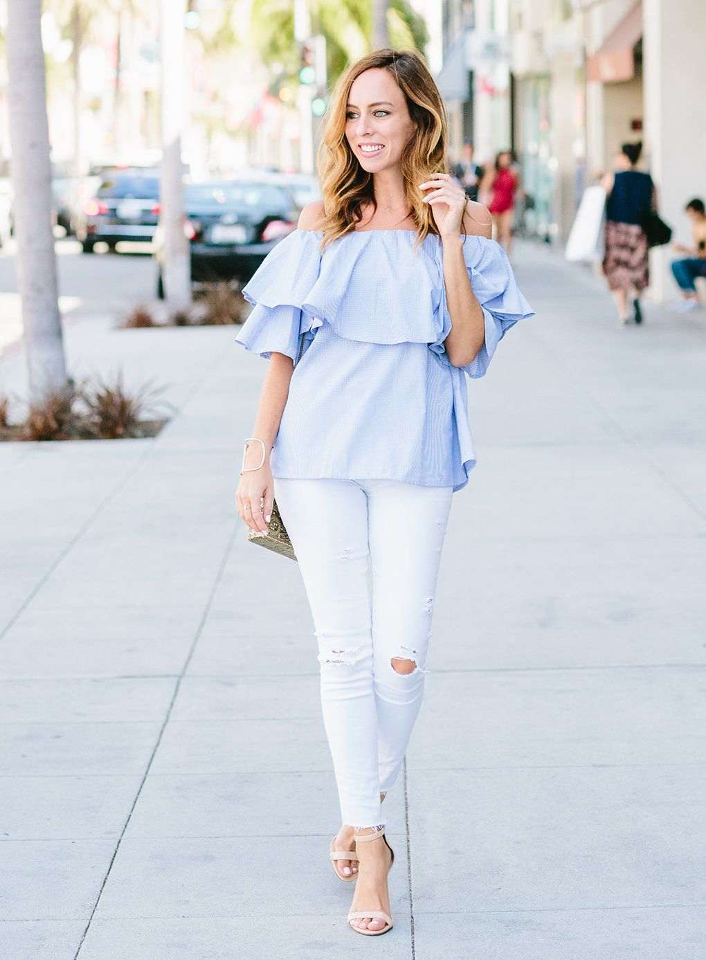 Off shoulder blouse ruffled white jeans
