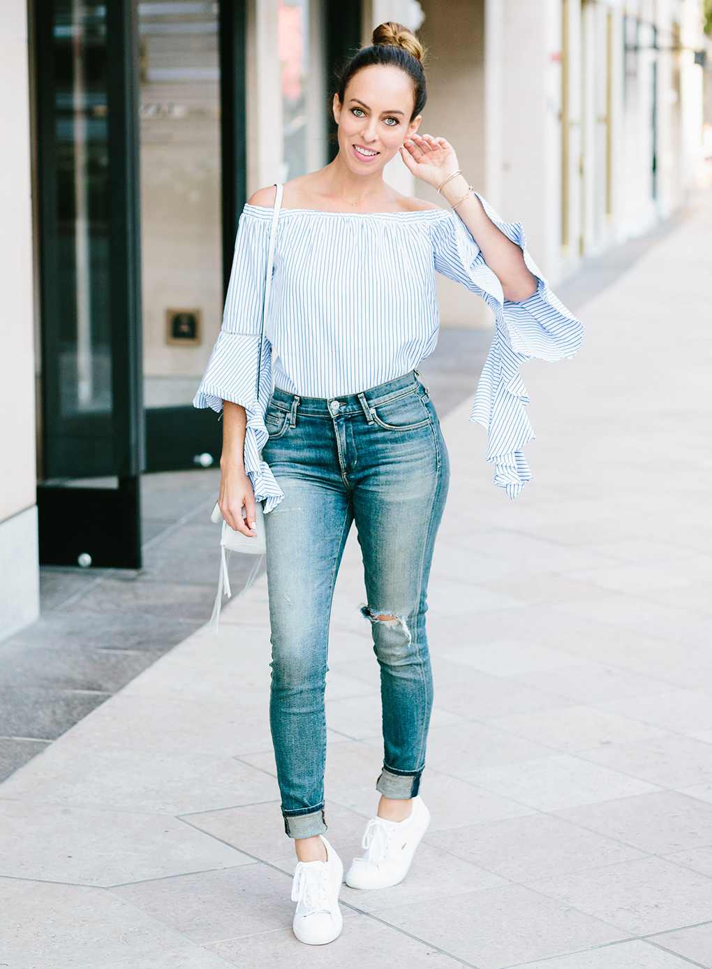 Off Shoulder Blouse High Waist Sneakers Jeans