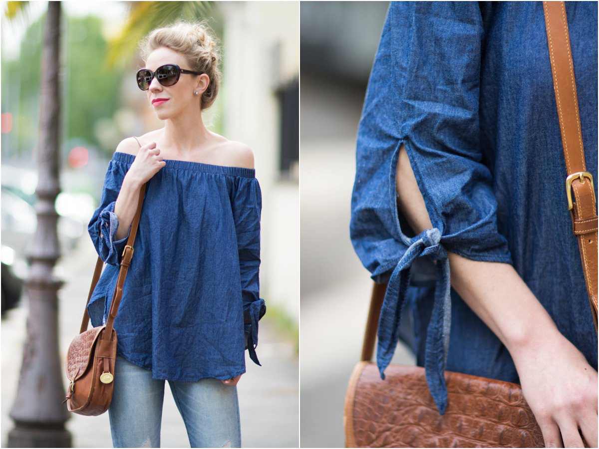 Off shoulder blouse shoulder-free jeans leather handbag