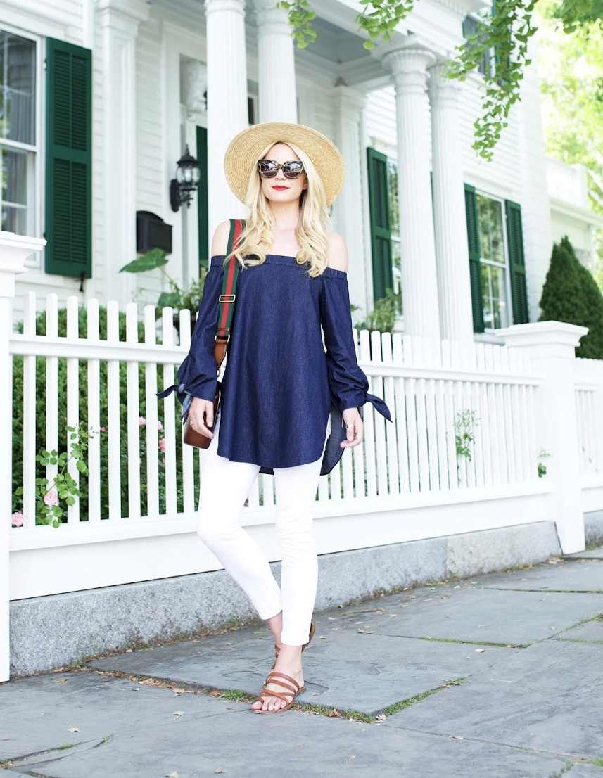Off Shoulder Tunic Style Summer Outfits White Jeans Straw Hat Roman Sandals