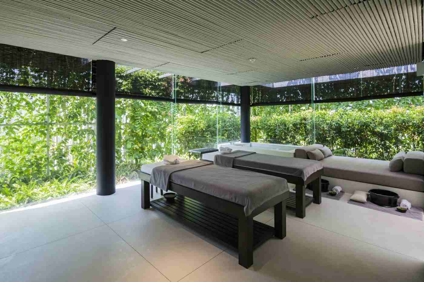 Offering a wellness area with flanges of blinds for a natural ambience