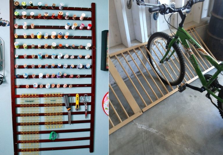 Praktische Ideen für den Haushalt aus alten Babybetten - Regal für Garnspulen und Fahrradständer