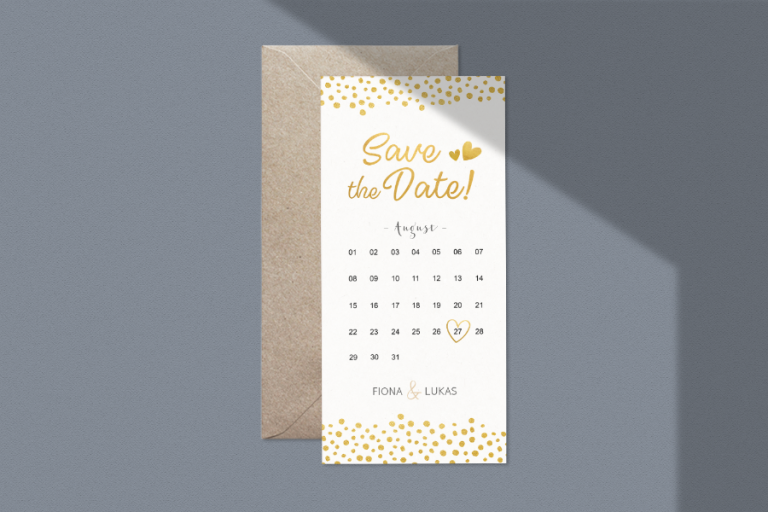 Save the Date Karte in Gold unf Weiß mit Kalender