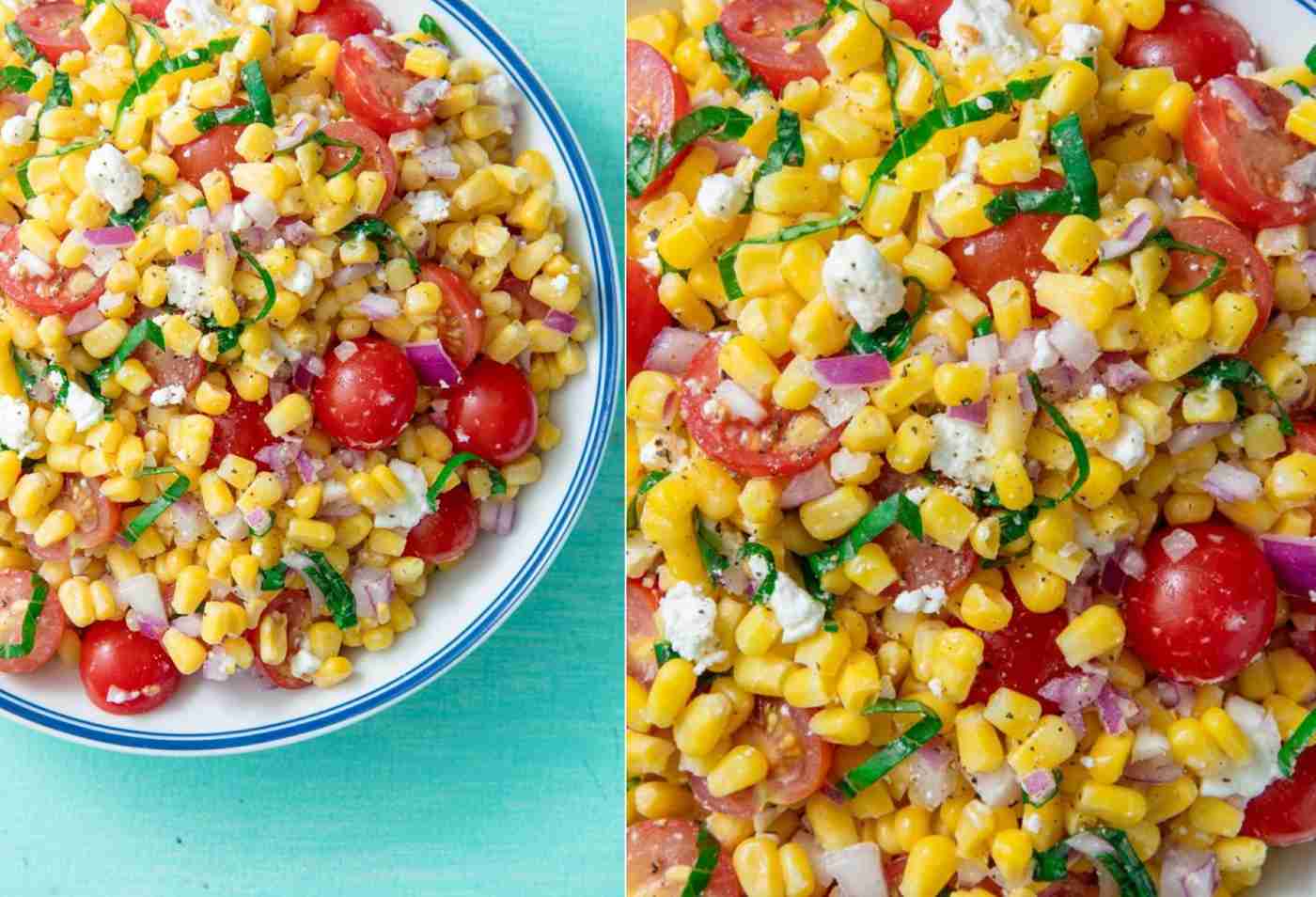 Schneller corn salad with cherry tomatoes, baby, fat and basil to grill
