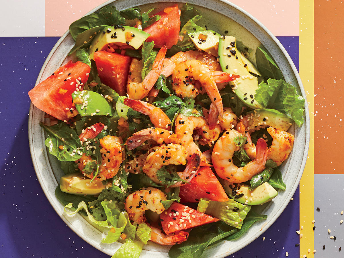 Shrimp Salat mit Wassermelone Avocado Sommersalat Ideen einfach kalorienarm