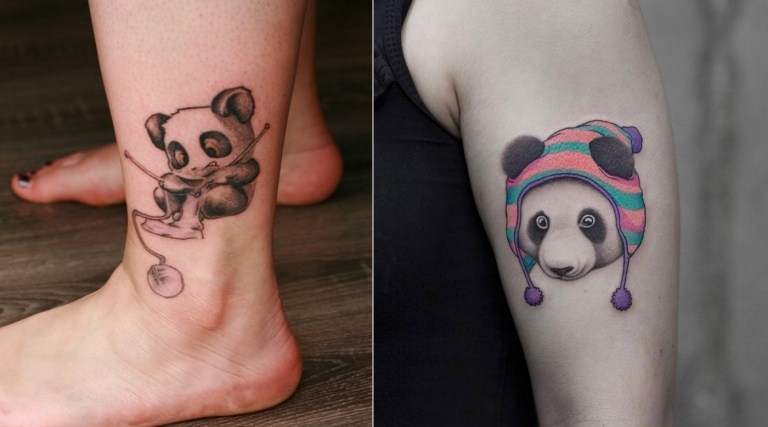 Strickender Pandabär und Motiv mit Wollmütze aus zarten Pastelltönen wie Blau, Rosa und Lila