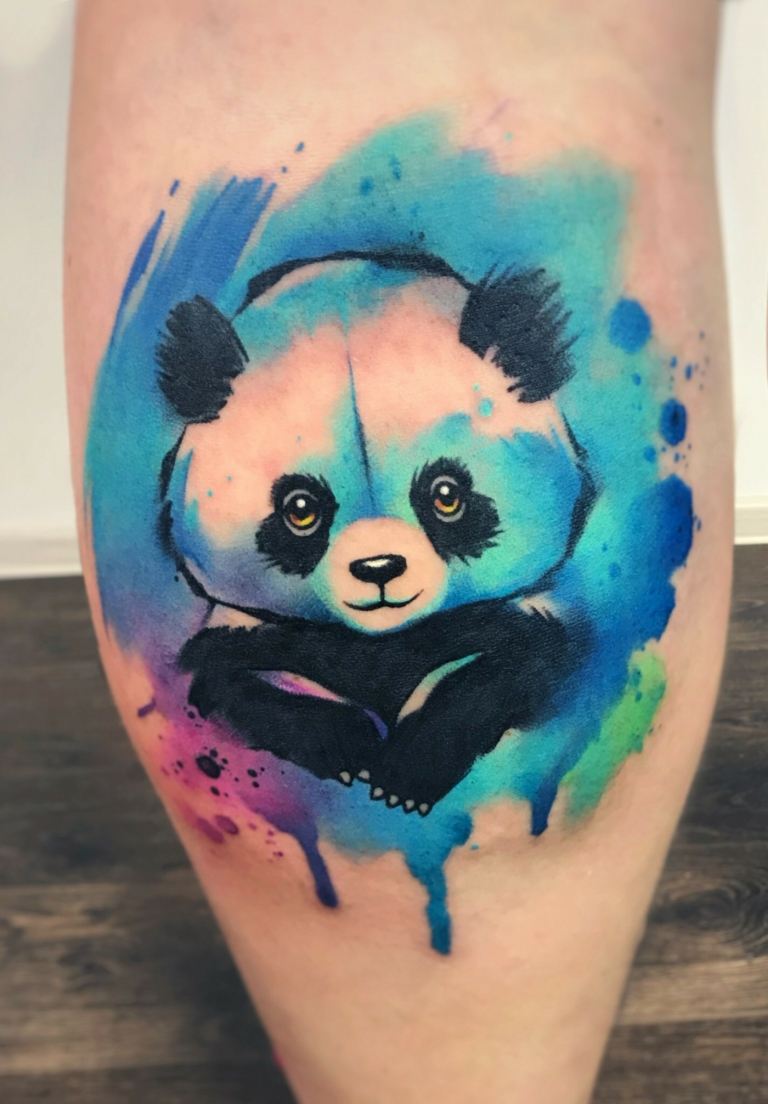 Waden Tattoo mit attraktivem Panda und Watercolor Farben in Blau, Rosa, Lila und Grün