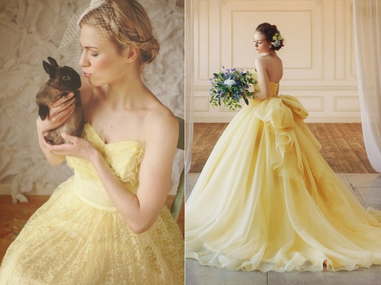 Zartes Vanille für ein Hochzeitskleid in Gelb mit schulterfreiem Design und Schleife